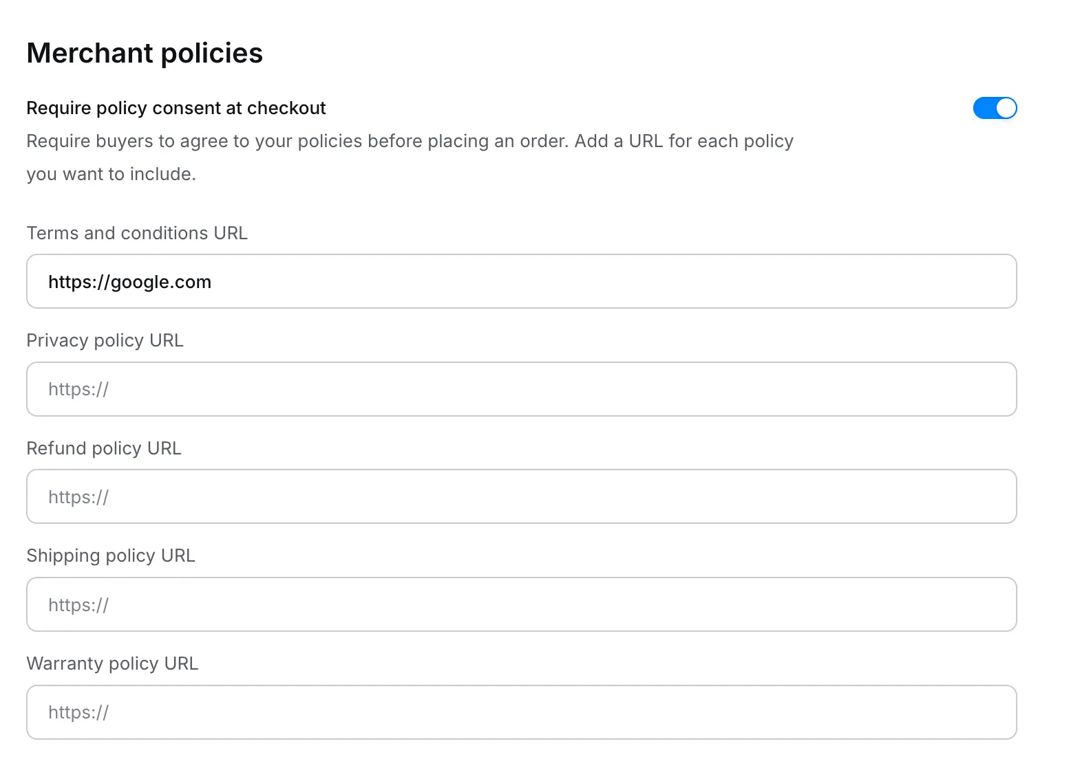 Merchant policies section in Dashboard Checkout settings