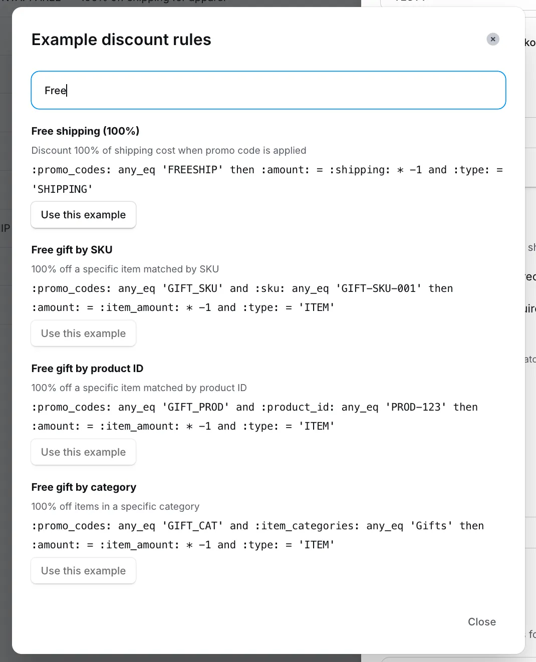 Example dialog filtered by the search term "Free" showing matching templates.