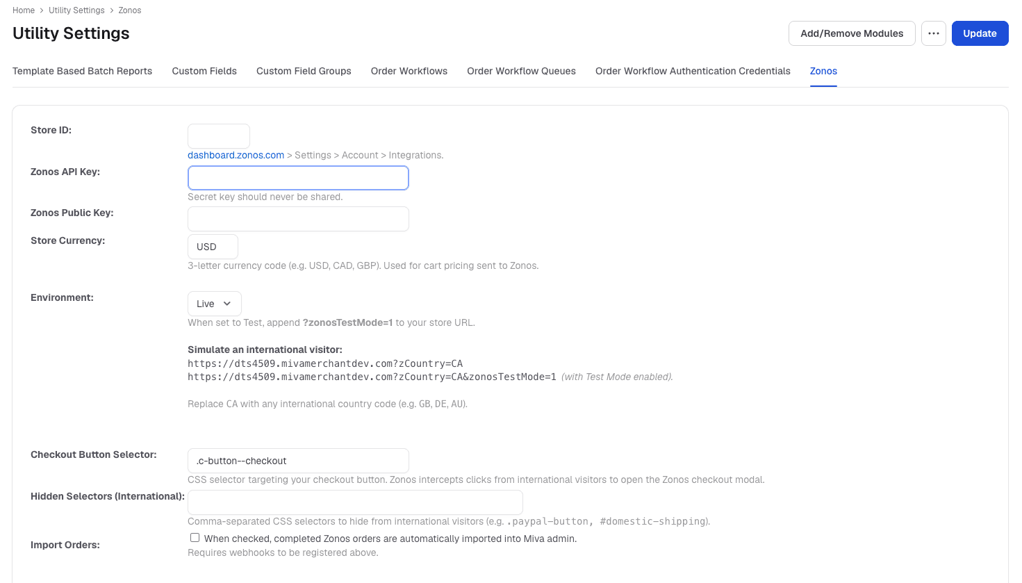 Zonos settings page under Miva Utility Settings
